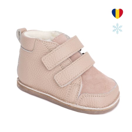 Reduceri - ​​​​​​​Ghetute Barefoot Copii din Piele Naturala Imblanite – Primii Pasi, Talpa Flexibila Cauciuc, Iarna | Melvelo - Blush Rose