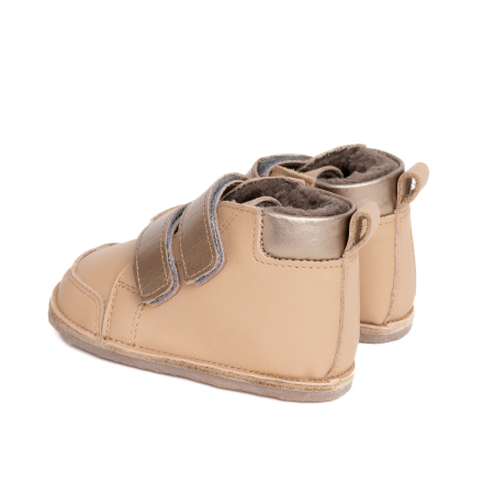 ​​​​​​​Ghetute Barefoot Copii din Piele Naturala Imblanite – Primii Pasi, Talpa Flexibila Cauciuc, Iarna | Melvelo - Metallic Beige [2]
