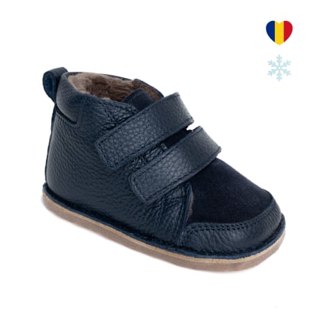 Reduceri - ​​​​​​​Ghetute Barefoot Copii din Piele Naturala Imblanite – Primii Pasi, Talpa Flexibila Cauciuc, Iarna | Melvelo - Navy Blue