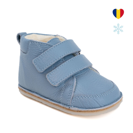 Reduceri - ​​​​​​​Ghetute Barefoot Copii din Piele Naturala Imblanite – Primii Pasi, Talpa Flexibila Cauciuc, Iarna | Melvelo - Baby Blue