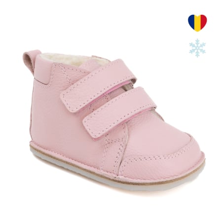 Reduceri - ​​​​​​​Ghetute Barefoot Copii din Piele Naturala Imblanite – Primii Pasi, Talpa Flexibila Cauciuc, Iarna | Melvelo - Baby Pink