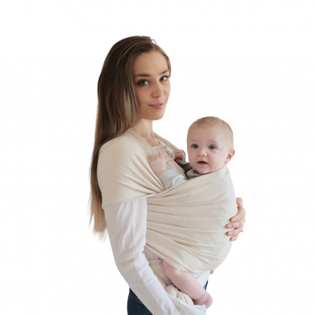 Marsupii si hamuri bebe - Marsupiu elastic din bumbac organic pentru purtarea bebelusului, Mushie -  Beige
