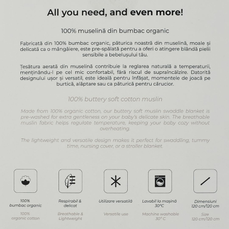 ONINO - Muselina multifunctionala din bumbac 100% organic, SNUGGLE.me, Pure Life, x1 bucata, 120 x 120 cm, certificata GOTS [7]
