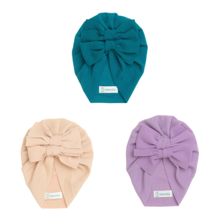 Produse - Pachet 3 turbane bebelusi cu doua funde, bumbac, Melvelo, Rice -  Island Sea, Cream, Lavender