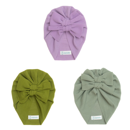 Turbane bebe - Pachet 3 turbane bebelusi cu doua funde, bumbac, Melvelo, Rice - Sage, Olive, Lavender