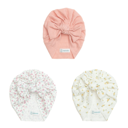 Turbane bebe - Pachet 3 turbane bebelusi cu funda, bumbac, Melvelo, Dusk - Daisy, Peach, Tulip