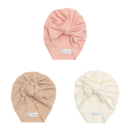 Turbane bebe - Pachet 3 turbane bebelusi cu funda, bumbac, Melvelo, Dusk - Peach, Caramel, Cream