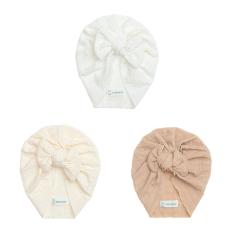 Turbane bebe - Pachet 3 turbane bebelusi cu funda, bumbac, Melvelo, Dusk - White, Cream, Caramel