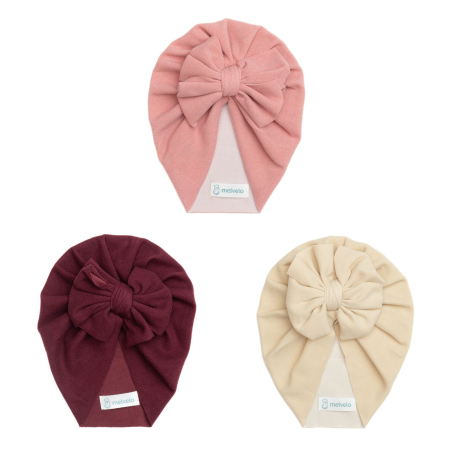 Produse - Pachet 3 turbane bebelusi cu funda, casmir, Melvelo Cashmere - Pink, Ruby, Cream