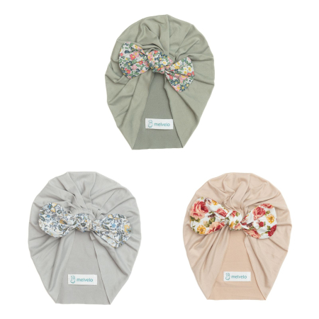 Turbane bebe - Pachet 3 turbane bebelusi cu funda, poliester, Melvelo, Flower - Sage, Sand, Vanilla
