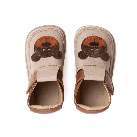 Papucei Barefoot Copii, primi pasi, piele naturala, talpa flexibila de cauciuc, Melvelo - Beige / Bear [1]