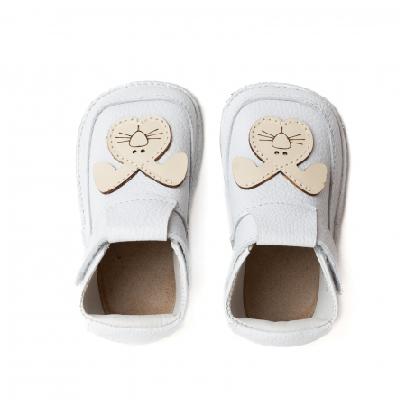 Papucei Barefoot Copii, primi pasi, piele naturala, talpa flexibila de cauciuc, Melvelo - White / Bunny [1]