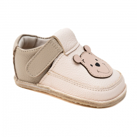 Papucei - Papucei Barefoot Copii, primi pasi, piele naturala, talpa flexibila de cauciuc, Melvelo - Crem / Olive / Bear
