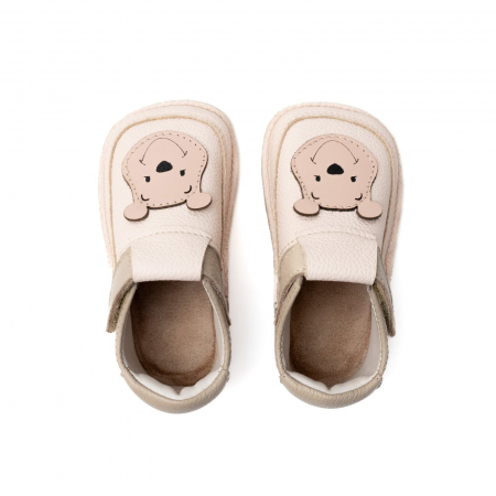 Papucei Barefoot Copii, primi pasi, piele naturala, talpa flexibila de cauciuc, Melvelo - Crem / Olive / Bear [4]