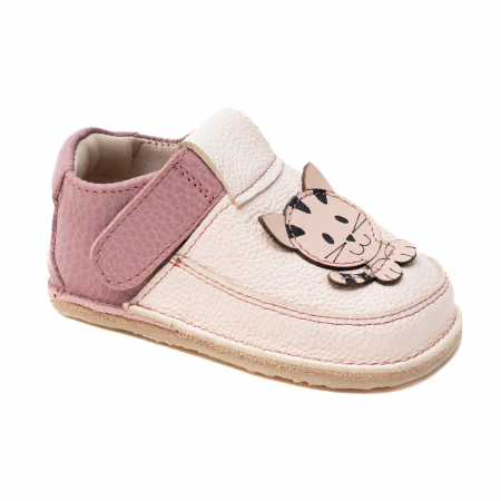 Papucei - Papucei Barefoot Copii, primi pasi, piele naturala, talpa flexibila de cauciuc, Melvelo - Ivory / Dusty pink / Cat