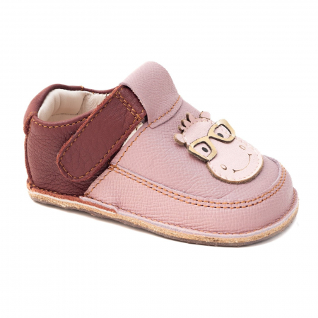 Papucei - Papucei Barefoot Copii, primi pasi, piele naturala, talpa flexibila de cauciuc, Melvelo - Pink /  Brown / Hipopotam