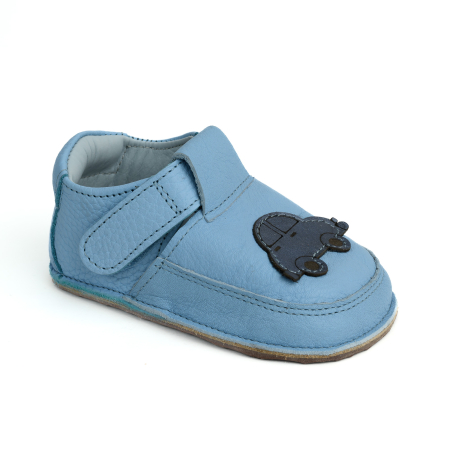 Reduceri - Papucei Barefoot Copii, primii pasi, piele naturala, talpa flexibila de cauciuc, Melvelo - Baby Blue / Car