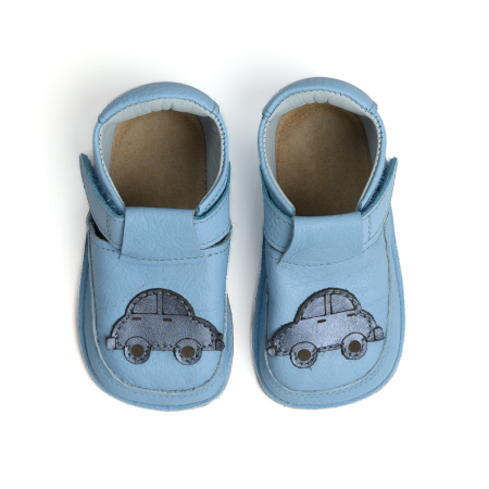 Papucei Barefoot Copii, primii pasi, piele naturala, talpa flexibila de cauciuc, Melvelo - Baby Blue / Car [1]