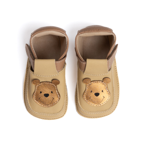 Papucei Barefoot Copii, primii pasi, piele naturala, talpa flexibila de cauciuc, Melvelo - Caramel Beige / Brown / Bear [1]