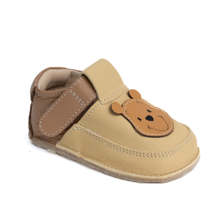 Articole de sezon - Papucei Barefoot Copii, primii pasi, piele naturala, talpa flexibila de cauciuc, Melvelo - Caramel Beige / Brown / Bear