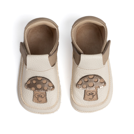 Papucei Barefoot Copii, primii pasi, piele naturala, talpa flexibila de cauciuc, Melvelo - Crem / Mushroom [1]