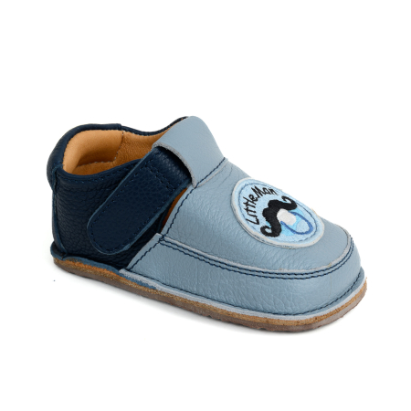 Reduceri - Papucei Barefoot Copii, primii pasi, piele naturala, talpa flexibila de cauciuc, Melvelo - Dusty Blue / Navy