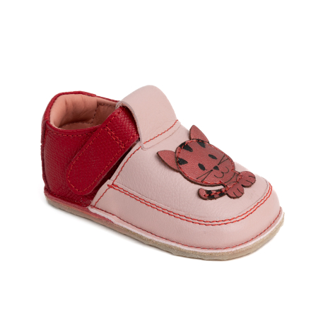 Reduceri - Papucei Barefoot Copii, primii pasi, piele naturala, talpa flexibila de cauciuc, Melvelo - Dusty Pink / Cherry Red / Cat