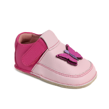 Reduceri - Papucei Barefoot Copii, primii pasi, piele naturala, talpa flexibila de cauciuc, Melvelo - Dusty Pink / Fuchsia / Butterfly