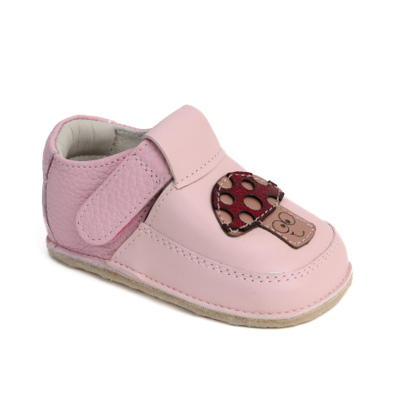 Reduceri - Papucei Barefoot Copii, primii pasi, piele naturala, talpa flexibila de cauciuc, Melvelo - Dusty Pink / Mushroom