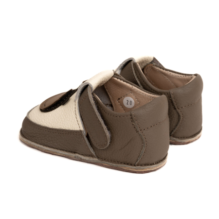 Papucei Barefoot Copii, primii pasi, piele naturala, talpa flexibila de cauciuc, Melvelo - Ivory / Dark Oak / Hipo [2]