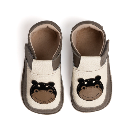 Papucei Barefoot Copii, primii pasi, piele naturala, talpa flexibila de cauciuc, Melvelo - Ivory / Dark Oak / Hipo [1]