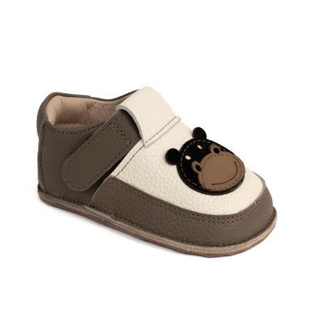 Reduceri - Papucei Barefoot Copii, primii pasi, piele naturala, talpa flexibila de cauciuc, Melvelo - Ivory / Dark Oak / Hipo