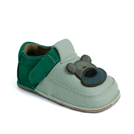Reduceri - Papucei Barefoot Copii, primii pasi, piele naturala, talpa flexibila de cauciuc, Melvelo - Sage / Emerald Green / Bear
