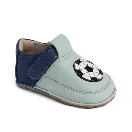 Reduceri - Papucei Barefoot Copii, primii pasi, piele naturala, talpa flexibila de cauciuc, Melvelo - Sage / Football