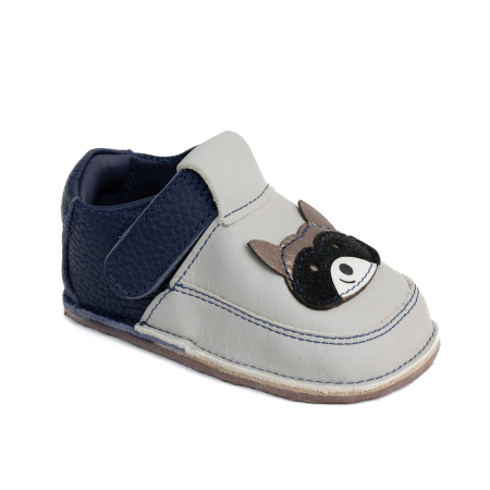 Reduceri - Papucei Barefoot Copii, primii pasi, piele naturala, talpa flexibila de cauciuc, Melvelo - Stone Grey / Navy / Raton
