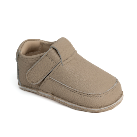 Reduceri - Papucei Barefoot Copii, primii pasi, piele naturala, talpa flexibila de cauciuc, Melvelo - Taupe