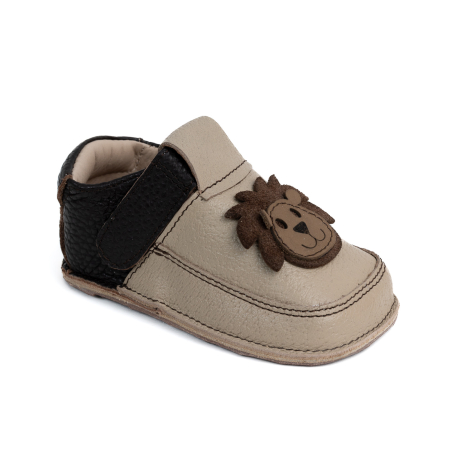Reduceri - Papucei Barefoot Copii, primii pasi, piele naturala, talpa flexibila de cauciuc, Melvelo - Taupe / Black / Leo