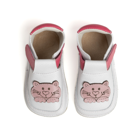 Papucei Barefoot Copii, primii pasi, piele naturala, talpa flexibila de cauciuc, Melvelo - White / Cat [1]
