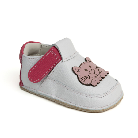 Reduceri - Papucei Barefoot Copii, primii pasi, piele naturala, talpa flexibila de cauciuc, Melvelo - White / Cat