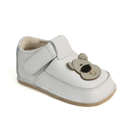 Articole de sezon - Papucei Barefoot Copii, primii pasi, piele naturala, talpa flexibila de cauciuc, Melvelo - White / Gray Bear