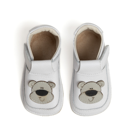 Papucei Barefoot Copii, primii pasi, piele naturala, talpa flexibila de cauciuc, Melvelo - White / Gray Bear [1]