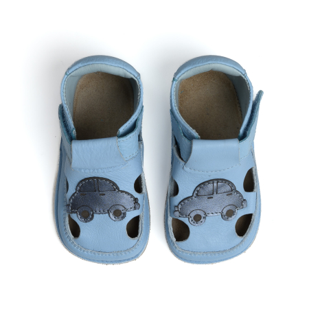 Sandale Barefoot Copii, primii pasi, piele naturala, talpa flexibila de cauciuc, Melvelo - Baby Blue / Car [1]