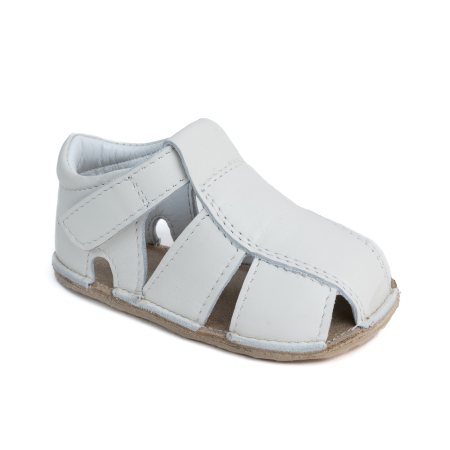 Sandale - Papucei Barefoot Copii, primii pasi, piele naturala, talpa flexibila de cauciuc, Melvelo - White / Cat