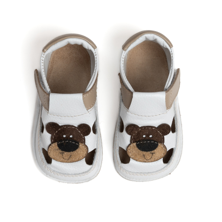 Sandale Barefoot Copii, primii pasi, piele naturala, talpa flexibila de cauciuc, Melvelo - White / Brown Bear [1]