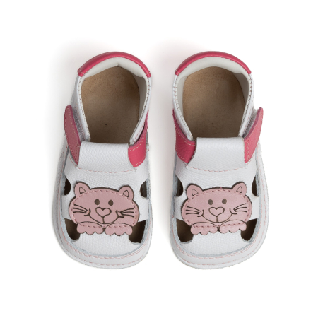 Sandale Barefoot Copii, primii pasi, piele naturala, talpa flexibila de cauciuc, Melvelo - White / Cat [1]