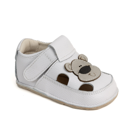 Sandale - Sandale Barefoot Copii, primii pasi, piele naturala, talpa flexibila de cauciuc, Melvelo - White / Gray Bear