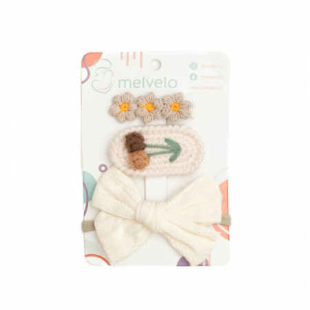 Accesorii par - Set 2 agrafe de par handmade si 1 bentita cu funda, bebe, bumbac, Melvelo - Cream