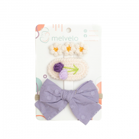 Accesorii par - Set 2 agrafe de par handmade si 1 bentita cu funda, bebe, bumbac, Melvelo - Mauve