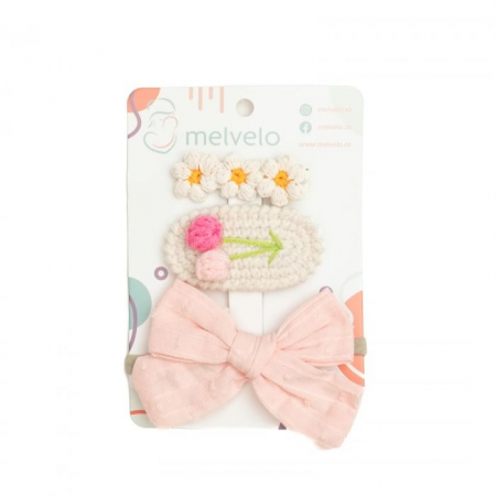 Set 2 agrafe de par handmade si 1 bentita cu funda, bebe, bumbac, Melvelo - Pink Cream