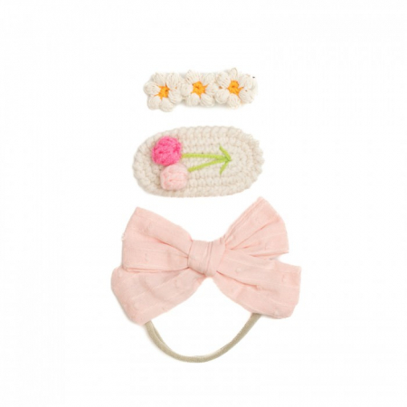 Set 2 agrafe de par handmade si 1 bentita cu funda, bebe, bumbac, Melvelo - Pink Cream [1]